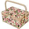 Respicefinem Cestino Organizzatore per Cucito Pastorale Rosa 3-Colore Design Doppio Strato Legno Poliestere Comoda Maniglia 25×18×12.5 cm