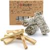 RUBY - Incenso Naturale Palo Santo XL Legno Sacro Naturale dal Perù Palo Santo Legnetti per Purificazione, Aromaterapia e Meditazione ((3 Pzas Salvia + 6 Pzas Palo Santo))