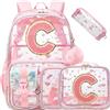 HTgroce Zaino Scuola Elementare Bambina Trasparente con Lettera Iniziale Personalizzata C - Ergonomico Zainetto Bimba per Scuola Primaria