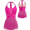 FYMNSI Costume da ballo latino da donna con strass a rete, schiena scoperta, scollo a V, frange e nappe, tuta da ballo, Rosa acceso, XL