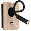 B·LED BARCELONA LED Applique da parete in legno con interruttore e faretto nero flessibile, luce bianca calda, porta di ricarica USB per lettura, comodino, hotel