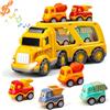 Daioller 5-in-1 Giocattoli Camion da Costruzione per 1 2 3 4 Anni, Playset di Veicoli per Bambini con Suoni e Luci, 1 Camion da Trasporto con 4 Mini Auto a Cartone Animato da Tirare Indietro