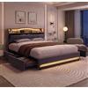 DAHUEN Letto 140 x 200 cm con LED e porte USB/Type-C, letto matrimoniale imbottito con testiera portaoggetti, rete a listelli, 4 cassetti con ruote, telaio letto moderno per adulti e adolescenti(grigio/G