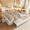 Rosebibi Letto giornaliero 140 x 200 cm, bianco funzionale, letto singolo in legno con stazione di ricarica USB e tipo C, scaffali e cassetti, letto per ragazzi con rete a doghe (senza materasso)