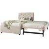 Azkoeesy Letto imbottito con letto estraibile e gamba pieghevole in metallo, trasformabile in letto matrimoniale, Testiera capitonnè, Velluto, Beige, 90 x 200 + 90 x 190 cm