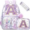 HTgroce Zaino Scuola Elementare Bambina Trasparente con Lettera Iniziale Personalizzata A - Ergonomico Zainetto Bimba per Scuola Primaria