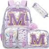 HTgroce Zaino Scuola Elementare Bambina Trasparente con Lettera Iniziale Personalizzata M - Ergonomico Zainetto Bimba per Scuola Primaria