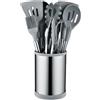 AKIZA Set Completo Utensili da Cucina 12 Pezzi in Silicone con Portautensili Girevole Mestolo Schiumarola Servispaghetti Pinza Frusta Spatole in Acciaio Inox e Silicone per Antiaderente (Grigio)