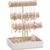 SONGMICS Porta Bracciali, Espositore per Gioielli, Portagioie con 3 Supporti per Braccialetti e Vassoio in Velluto, Porta Anelli Rimovibile, Bianco Nuvola e Marrone Cammello JJS027A01
