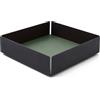 Eglooh - Dafne - Svuotatasche Design Moderno Acciaio Nero Opaco - Fondo Interno in Vera Pelle Verde Salvia - Organizer Scrivania, Vassoio Portaoggetti - cm 14,5 x 14,5 x H.4 - Made in Italy