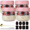 CNKHDZ 4 Pezzi Bicchieri Overnight Oats, Bicchieri Overnight Oats con Coperchio, Meal Prep, Barattoli Riutilizzabili per Marmellata Fatta in Casa, Mason Jar con Cucchiaio, Etichetta (Rosa, 300 ML)