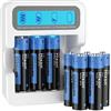 Hixon batterie ricaricabili aa, confezione da 8 batterie al litio doppie A con caricatore LCD, batterie al litio ricaricabili aa, uscita costante 1,5 V, 1500 cicli, corrente massima 3A