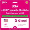 TSIM USA eSIM 5 Giorni. Rete T-Mobile con Dati Illimitati ad Alta Velocità, Chiamate Locali e SMS negli USA (Hawaii Incluse). Ricevi eSIM Stesso Giorno via Email e Inizia a Usare Immediatamente!