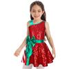 MSemis Costume Natalizio Bambina Paillettes Vestito da Babbo Natale con Spalle Asimmetriche Leotard Abito da Ballo Latino Danza Classica Moderna Jumpsuit Leotard Dancewear Rosso 7-8 Anni