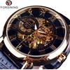 Forsining 3d Logo Design Incisione cava Cassa dorata nera Scheletro in pelle Orologi meccanici Uomo Luxury Brand Heren Horloge