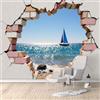 Hummockly Poster da parete di dimensioni personalizzate, motivo barca a vela blu reale e mattoni sbriciolati, paesaggio marino, autoadesivo, rimovibile e attivato dall'acqua, grande carta da parati fotografica