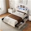 DAHUEN Letto 140 x 200 cm con rete LED e USB, letto matrimoniale con 4 cassetti grandi, telaio letto con rete a Latte e testiera imbottita con ripostiglio, velluto (Beige/F, 140 x 200 cm)