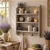 DRULINE Mensola da Parete Shabby Chic in Legno con 3 Ripiani e 2 Ganci - Porta Spezie Cucina Vintage, Mensola Bagno Stile Provenzale, Grigio Bianco Lavato, 38,5 x 48,4 x 9 cm