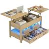 Ginhow Tavolino Trasformabile con Altezza Regolabile, Tavolino da Salotto Moderno Rettangolare in Legno, Tavolo Salotto con 2 Cassetti, Luce LED