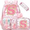 HTgroce Zaino Scuola Elementare Bambina Trasparente con Lettera Iniziale Personalizzata S - Ergonomico Zainetto Bimba per Scuola Primaria