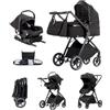 Kakbgee Passeggino 3 in 1 con Seggiolino Auto, Carrozzina Piegevole, 7-Altezza Regolabile, Sospensione 4 Ruote, Copripioggia e Zanzariera, Baby Stroller per Neonati 0-3 Anni (15kg), Nero