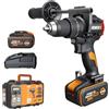 WORX WX356 - Trapano avvitatore a percussione a batteria, 20 V, 85 Nm, motore brushless, 2 marce, 0 - 2200 giri/min, 13 mm, con 2 batterie da 4,0 Ah, caricatore e impugnatura supplementare
