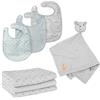 roba Set Regalo Baby Essentials Lil Planet - 3 Bavaglini in Jersey e Mussola - 1 Morbido DouDou - Panno Doppio Strato - 3 Lenzuolini - 80% Cotone e 20% Poliestere - Grigio