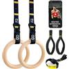 Double Circle Wood Gymnastic Rings with Quick Adjust Numbered Straps, Door Anchor, Foot Straps And Exercise Videos Guide for Full Body Workout, Calisthenics, And Home Gym (Rings 1.25 inch)