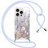 Saqmkil Cover per iPhone 15 Pro con Cordino, Aesthetic Specchio Lucido Disegni Donna Custodia con Regolabile Laccio Tracolla, Protettiva Case con Cellulare Collana per iPhone 15 Pro 6,1 Fiori 03