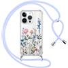 Xylota Cover per iPhone 15 Pro 6,1'' con Cordino, Aesthetic Fiori Motivo Disegni Trasparente Custodia con Regolabile Tracolla Laccio Collana Case, Silicone Protettiva Custodie per iPhone 15 Pro, Blu