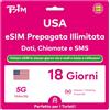 TSIM USA eSIM 18 giorni. Dati ad alta velocità illimitati, chiamate e SMS locali negli USA (Hawaii incluse). Ricevi l'eSIM via e-mail lo stesso giorno e attivala subito, senza attendere il pacco.