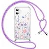 Xylota Cover per iPhone 16 6,1'' con Cordino, Aesthetic Fiori Motivo Disegni Trasparente Custodia con Regolabile Tracolla Laccio Collana Case, Silicone Protettiva Custodie per iPhone 16, Viola
