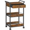 VASAGLE Carrello Portaoggetti, Carrello di Servizio a 3 Livelli con Ruote, Truciolato, con Freno, Cassetto, Ripiani, per Cucina, Bagno, Camera da Letto, Marrone Vintage e Nero Inchiostro LRC048K01
