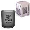 Fisura - Bicchiere igiene dentale originale "brush your f*cking teeth". Porta spazzolino in vetro grigio elegante. Supporto pratico per dentifricio e spazzolino, 9x8 cm.