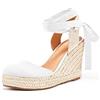 Ermonn Womens Espadrilles Zeppa Sandali Piattaforma Punta Chiusa Cinturino Alla Caviglia Lace Up Scarpe Estive, bianco (Infradito colorati estivi, con finte perline), 37.5 EU