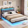 AOGLLATI Letto Matrimoniale, Letto 140x200 cm con Illuminazione a LED e Stazione di Ricarica, Struttura Letto con Testiera Imbottita, Effetto Visivo Levitante, Stile Minimalista, Grigio Scuro