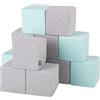 KiddyMoon Cubi Morbidi Schiuma 14 Cm, Blocchi Bambini, Fodera Cotone Zip Lavabile, Sensoriali, 12 Pezzi, Cubi:Grigio Chiaro/Menta