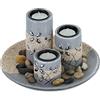 Relaxdays Portacandele, Vassoio e Vasetti, Centrotavola Rotondo, 3 Candeline, D22 cm, MDF, Effetto Pietra, Grigio Sabbia