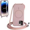 FMPCUON FNPCUON Cover Magnetica Silicone per iPhone 14 Pro Max con Cordino,Compatibile con MagSafe,Custodia con Laccio Collana Tracolla Collo Sottile TPU Antiurto Protettiva Case con Corda.Rosa