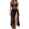 Ausing Set intimo da donna in ecopelle e tulle trasparente con gonna lunga spaccata, Nero , M