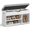 VASAGLE Scarpiera Panca Ingresso, Panca Contenitore con Cuscino Imbottito, 3 Scomparti, Ripiani, Soggiorno Corridoio Camera da Letto, Portata 136 kg, Bianco Nuvola e Grigio Tortora LHS030W01