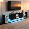 BRILVERDE Mobile TV Moderno 200cm Nero con Luci LED, Mobile per Televisore a 3 Scomparti con Ripiani in Vetro - Mobile Basso per Soggiorno in Finitura Lucida Legno (Nero)