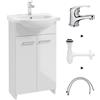 Deftrans Domodomo Mobile da bagno con lavabo, 85 x 45 x 26 cm, mobile in ceramica bianca, mobile a pavimento per bagno piccolo (set rubinetto lavabo + sifone)