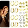Qhpbuy 12 Paia Orecchini Placcati Oro 14K in Acciaio Chirurgico 316L, Orecchini a Bottone e Cerchio Piccoli Ipoallergenici, Piercing Helix Trago Conch Cartilagine, Gioielli MultiPiercing per Uomo e Donna