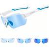 VCOROS JN007 - Occhiali da ciclismo autooscurati, unisex, antivento, protezione UV400, montatura TR90, per ciclismo, pesca, corsa (lenti blu + montatura bianca)
