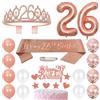 Huture Fascia per il 26° compleanno con corona da principessa e regina tiara con strass per torta topper per torta numero 26 palloncini a elio oro rosa palloncino in lattice 26 decorazione di compleanno per