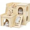 LILIXI Casetta in Legno per Criceti con Rampa, Piattaforma e Scala, Casetta per Piccoli Animali, Rifugio per Gerbilli, Degu, Porcellini d'India, Cincillà, Conigli e Topolini (Stile3)
