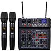 BOMGE Mixer audio karaoke 04E, mixer a 4 canali con doppio microfono wireless UHF, console audio MP3, Bluetooth 48 V, alimentazione phantom, interfaccia audio USB, mixaggio per DJ per feste, computer,