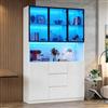 Dolamaní Vetrina alta, 120 x 40 x 200 cm, mobile da cucina, buffet, con illuminazione a LED, ripiani aperti, 3 cassetti e 2 ante, vetrina in vetro, per soggiorno, sala da pranzo (bianco)