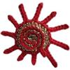 Handmade Spilla uncinetto con spirale marina stilizzata rossa e oro - gioiello tessile artigianale